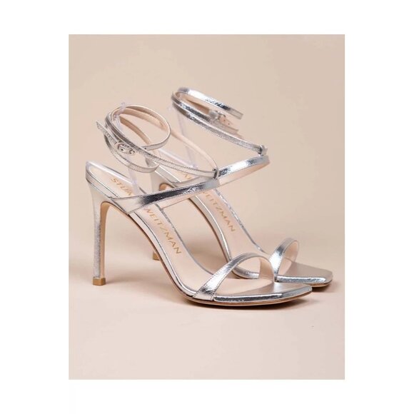 Stuart Weitzman Ellsie High Heel Silver Leather Stiletto Strappy Sandals US 7.5 - Picture 1 of 12